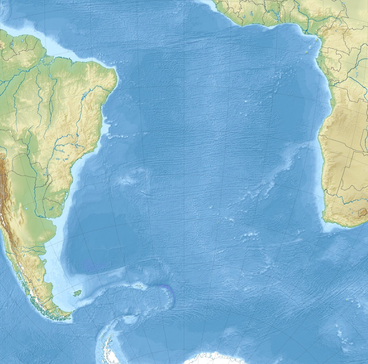 Relief map of the South Atlantic and Southern Ocean showing Tierra del Fuego, the Falkland Islands, South Georgia, and the Antarctic Peninsula